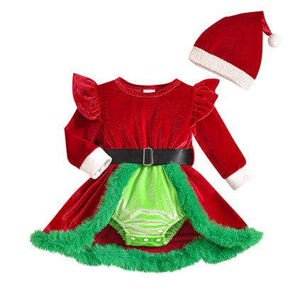 Baby Girls Christmas Velvet Romper with Santa Hat 0-18 Months