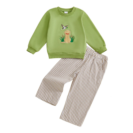 Boys' Long Sleeve Duck Embroidery Top & Plaid Pants Set