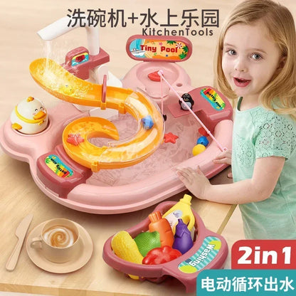 Kids Kitchen Dishwashing Basin & Fishing Pretend Play Set