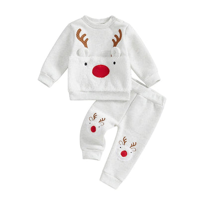 Reindeer Embroidered Toddler Christmas Outfit 2-Piece Set