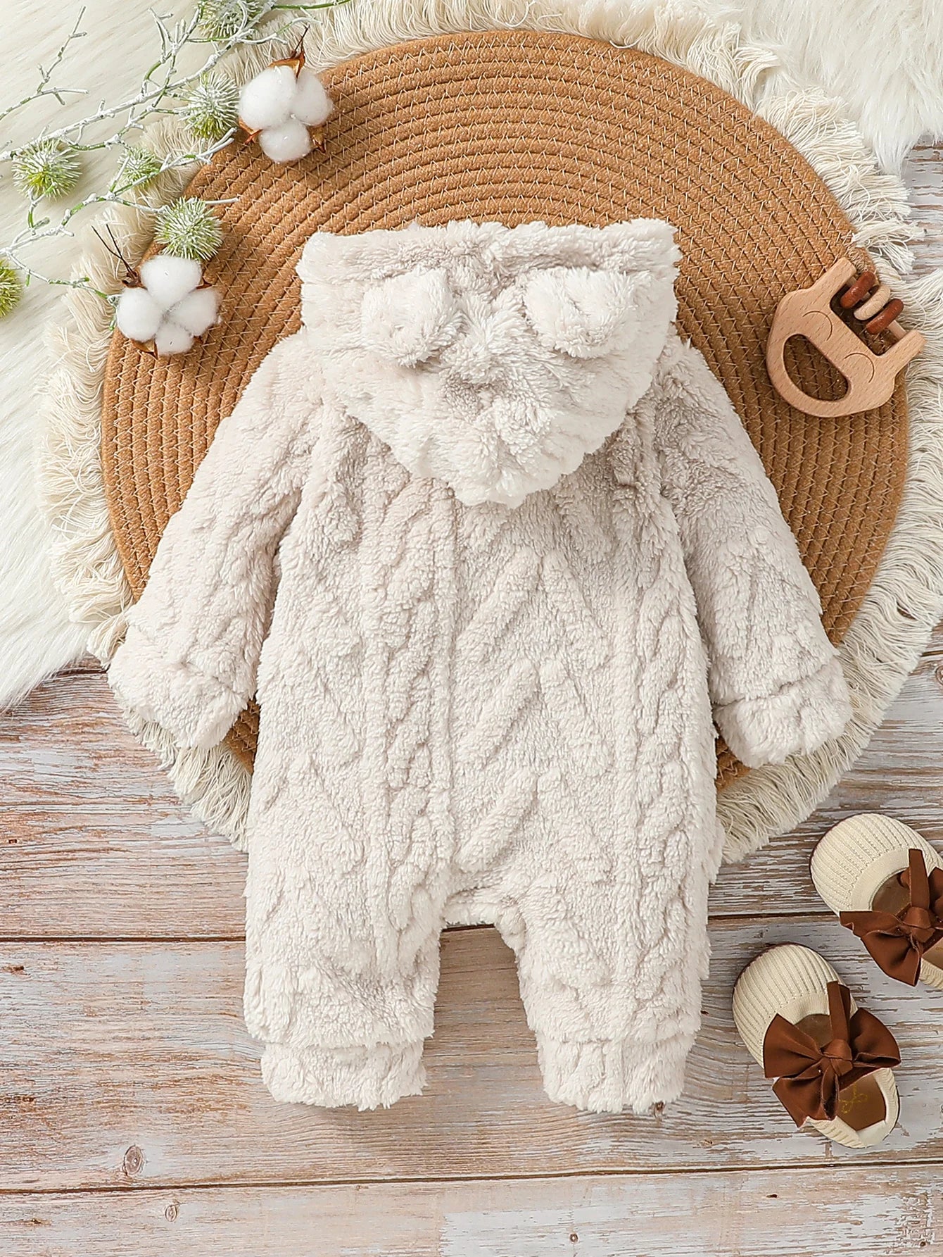 Boys' Plush Hooded Zip Jumpsuit for Newborn Winter Wear