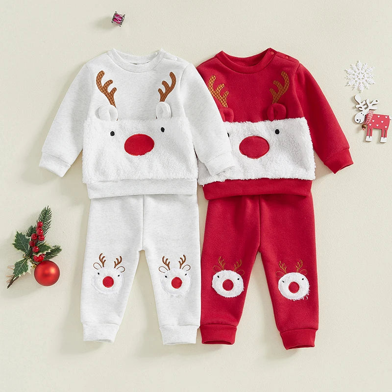 Reindeer Embroidered Toddler Christmas Outfit 2-Piece Set