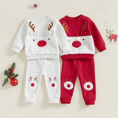 Reindeer Embroidered Toddler Christmas Outfit 2-Piece Set