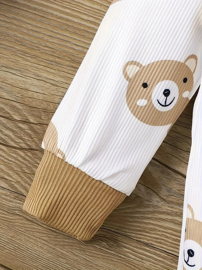 Cute Little Bear Print Baby Boy Jumpsuit, Pants, & Hat Set