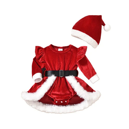 Baby Girls Christmas Velvet Romper with Santa Hat 0-18 Months