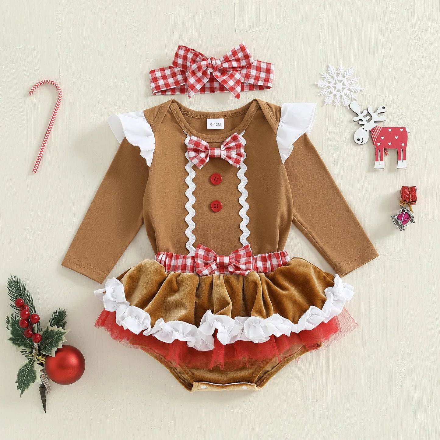 Newborn Baby Girl Gingerbread Christmas Romper & Headband Set