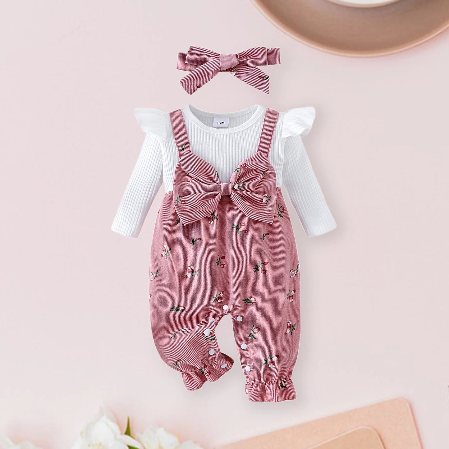 Floral Long Sleeve Romper Set for Baby Girls with Bow Headband