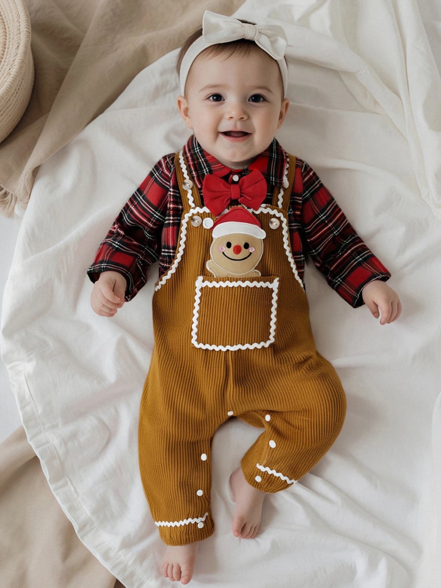 Baby Boys Christmas Plaid Romper with Gingerbread Embroidery