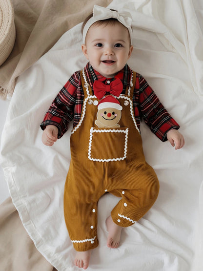 Baby Boys Christmas Plaid Romper with Gingerbread Embroidery