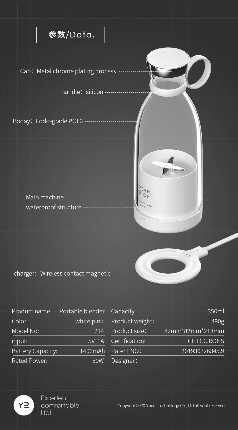 Mini trådløs bærbar blender USB oppladbar juicer