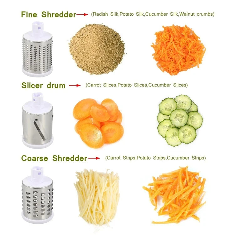 Manual Rotary Cheese Grater and Vegetable Slicer with 3 Interchangeable Stainless Steel Drums