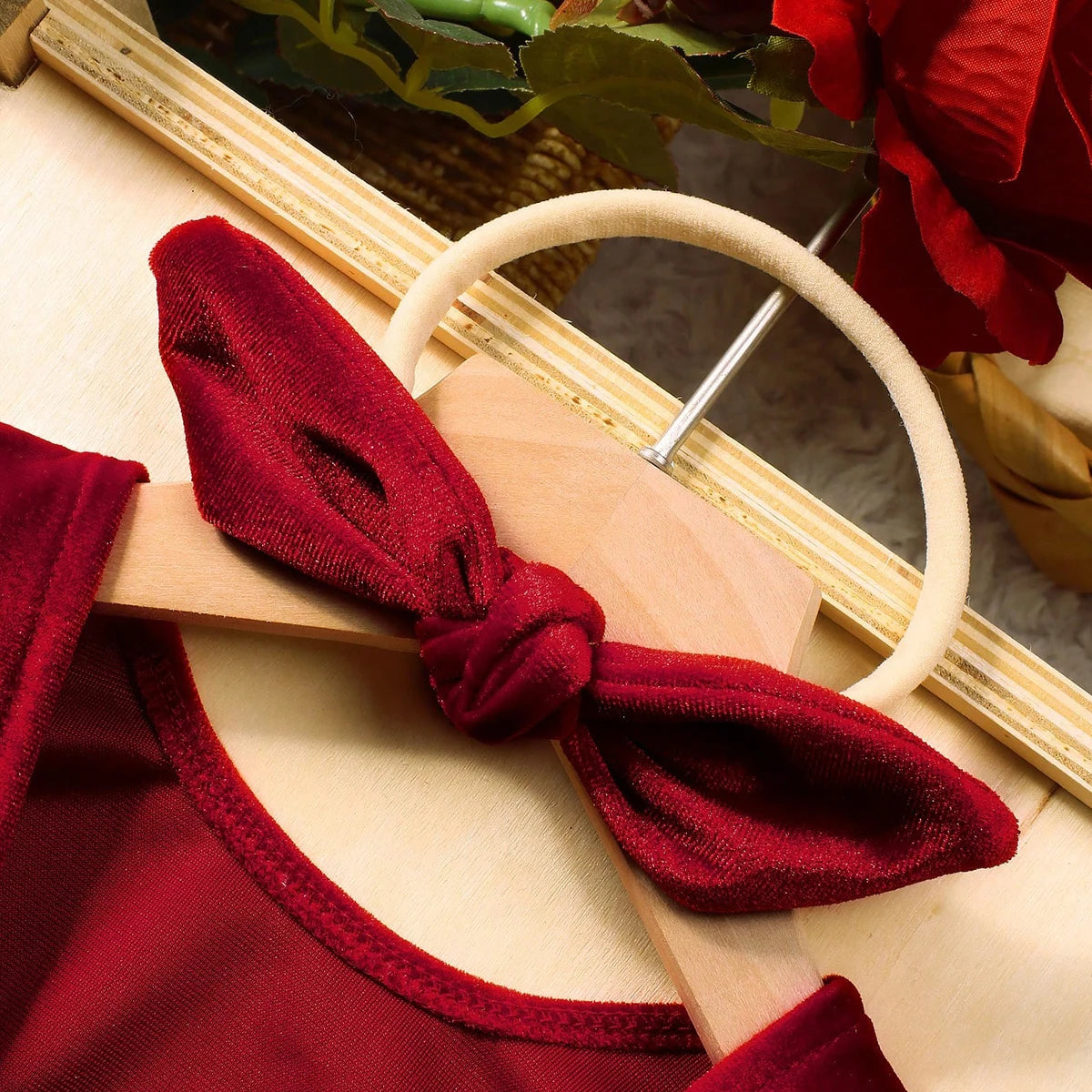 Newborn Baby Girl Burgundy Velvet Christmas Romper Set