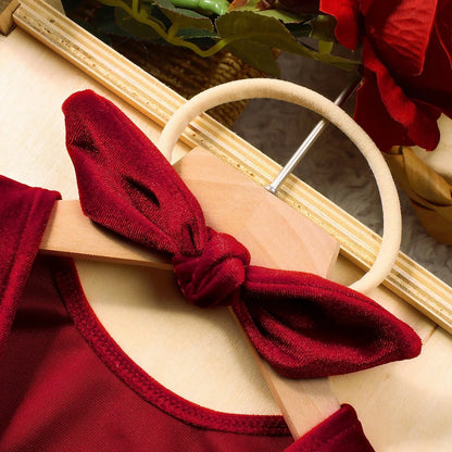 Newborn Baby Girl Burgundy Velvet Christmas Romper Set