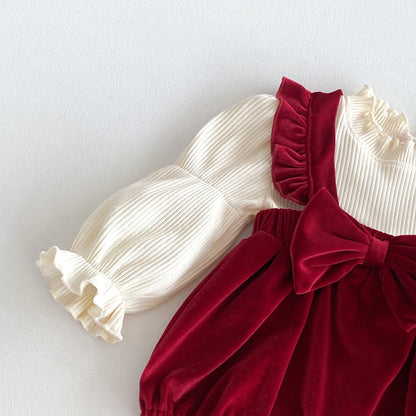 Burgundy Velvet Baby Romper with Bow and Ruffle 0-24M