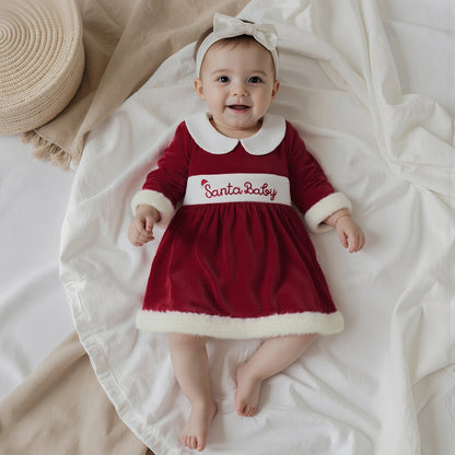 Baby Girl Christmas Velvet Dress with Santa Hat Set