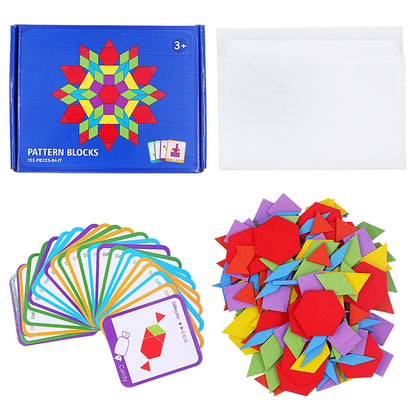 Wooden Geometric Pattern Blocks Set for Kids - 155 Pieces
