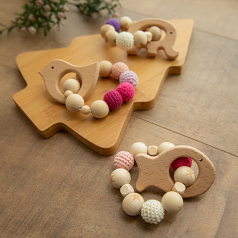 Wooden Animal Teether and Rattle Toy for Babies