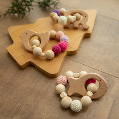 Wooden Animal Teether and Rattle Toy for Babies