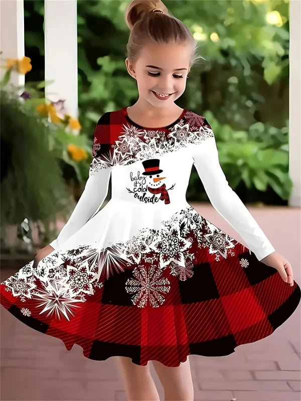 Toddler Girl's Cartoon Snowman Long Sleeve Christmas Dress