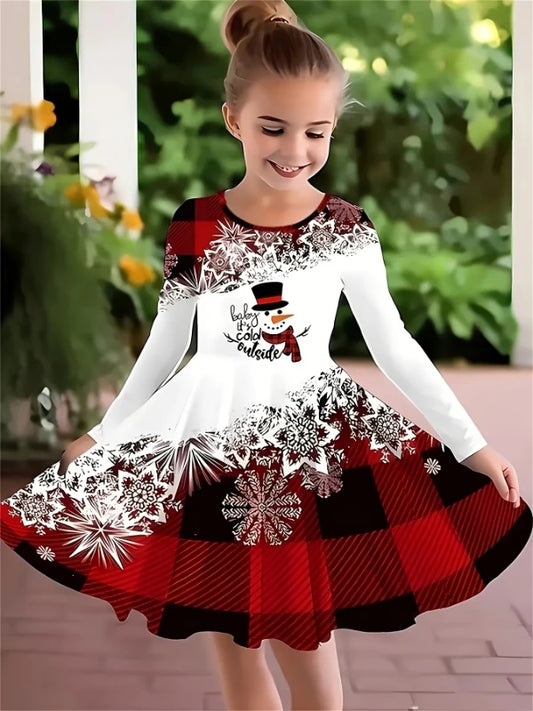 Toddler Girl's Cartoon Snowman Long Sleeve Christmas Dress