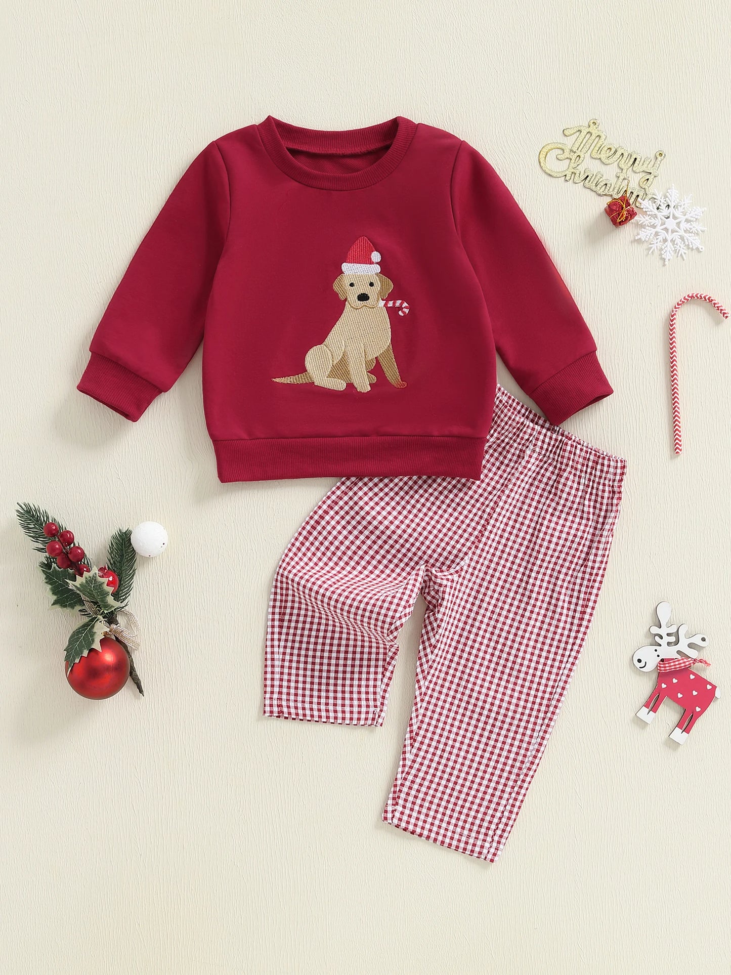 Toddler Christmas Dog Embroidered Sweatshirt and Pants Set