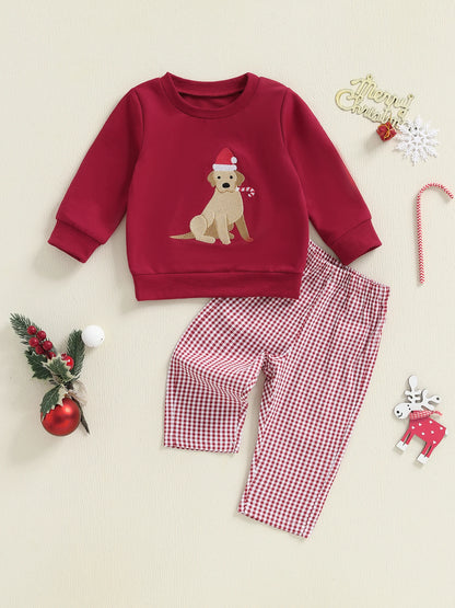 Toddler Christmas Dog Embroidered Sweatshirt and Pants Set