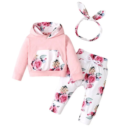 3PCS Baby Girl Floral Hooded Set with Headband 0-18 Months