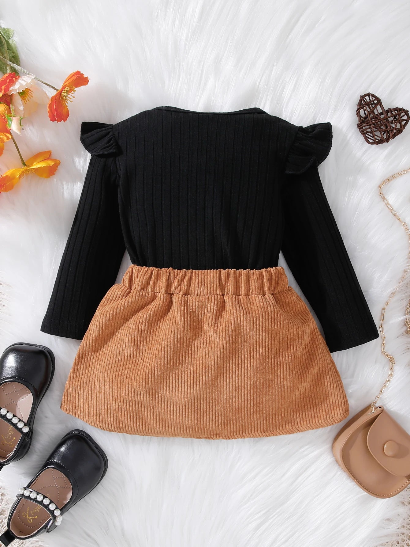 Black Long Sleeve Top & Bow Corduroy Skirt Set for Fall