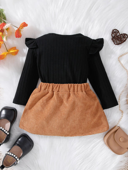 Black Long Sleeve Top & Bow Corduroy Skirt Set for Fall