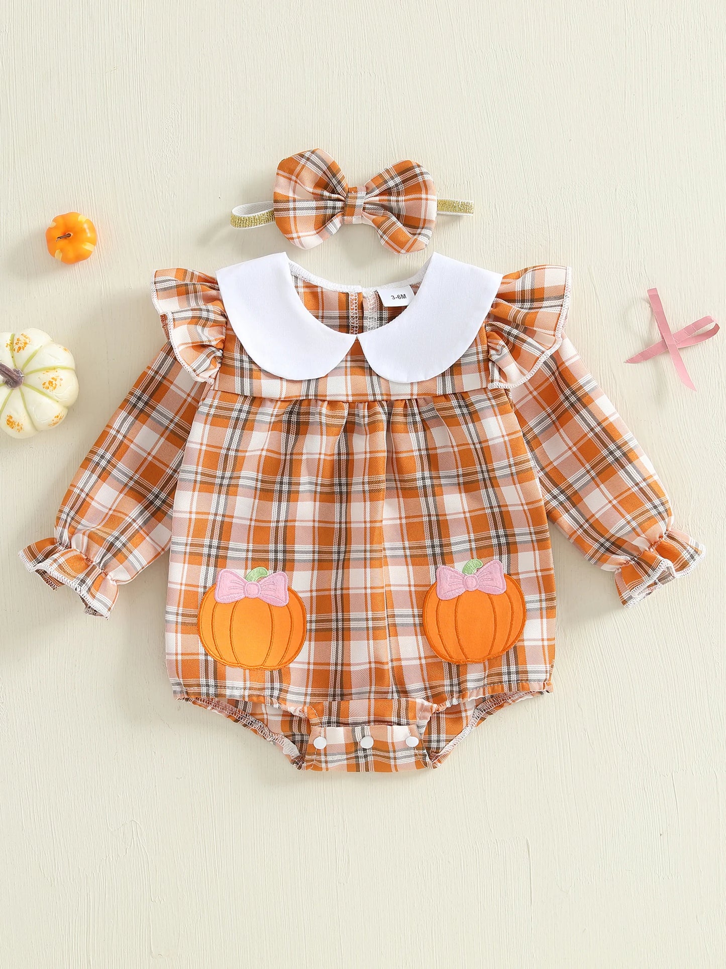 Baby Girls Plaid Romper with Embroidered Collar & Headband Set