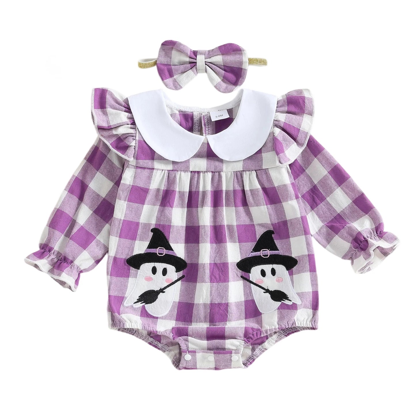 Baby Girls Plaid Romper with Embroidered Collar & Headband Set