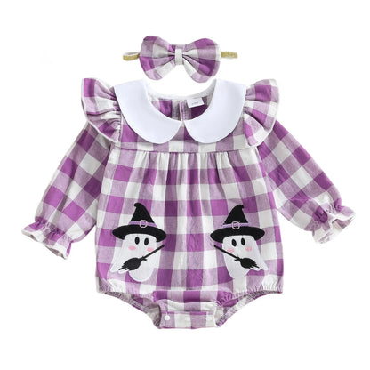 Baby Girls Plaid Romper with Embroidered Collar & Headband Set