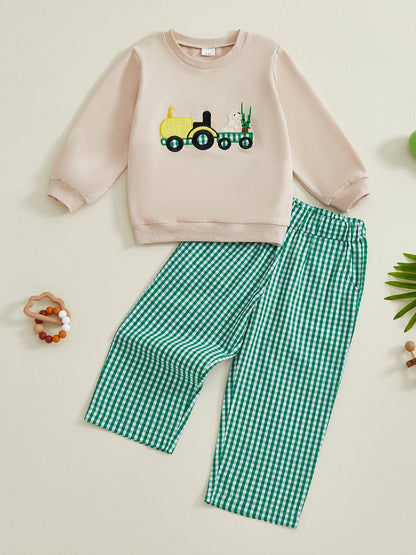 Boys' Long Sleeve Duck Embroidery Top & Plaid Pants Set