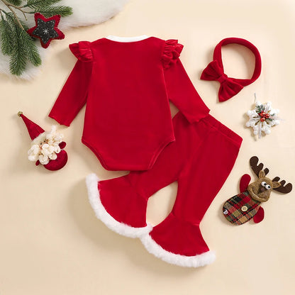Newborn Baby Girl Christmas Romper and Flare Pants Set