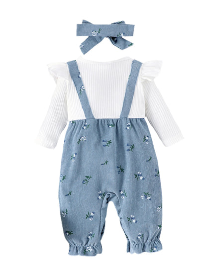 Floral Long Sleeve Romper Set for Baby Girls with Bow Headband