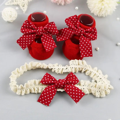 Newborn Baby Headband and Anti-Slip Bow Socks Set