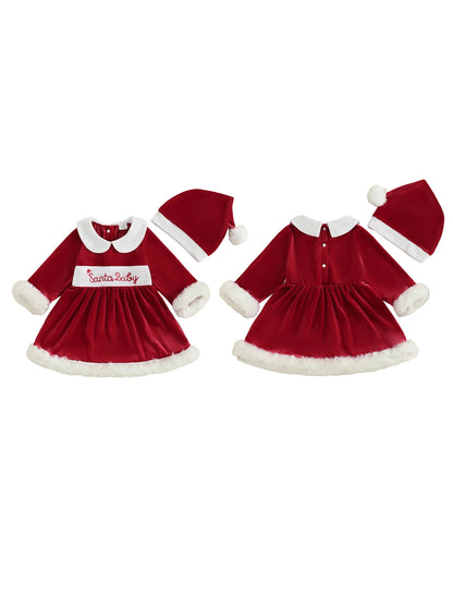 Baby Girl Christmas Velvet Dress with Santa Hat Set