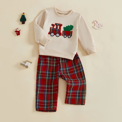 Infant Boys Christmas Sweatshirt & Plaid Pants Set 0-3Y