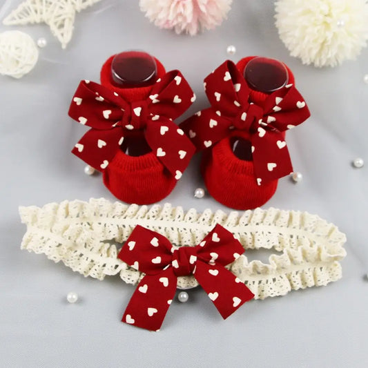 Newborn Baby Headband and Anti-Slip Bow Socks Set