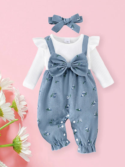 Floral Long Sleeve Romper Set for Baby Girls with Bow Headband