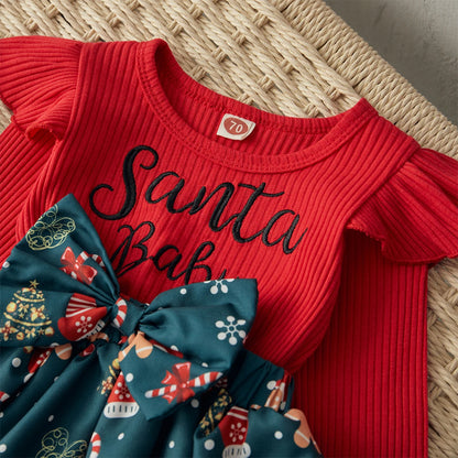 Christmas Baby Girls Long Sleeve Romper Dress with Headband
