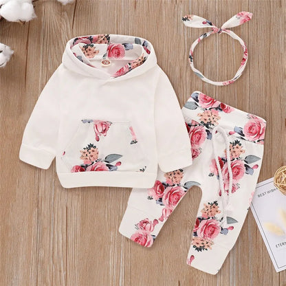 3PCS Baby Girl Floral Hooded Set with Headband 0-18 Months