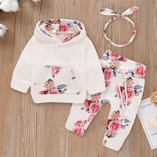3PCS Baby Girl Floral Hooded Set with Headband 0-18 Months