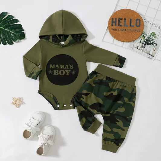 Baby Boy Hoodie and Camouflage Pants Set for Spring and Autumn