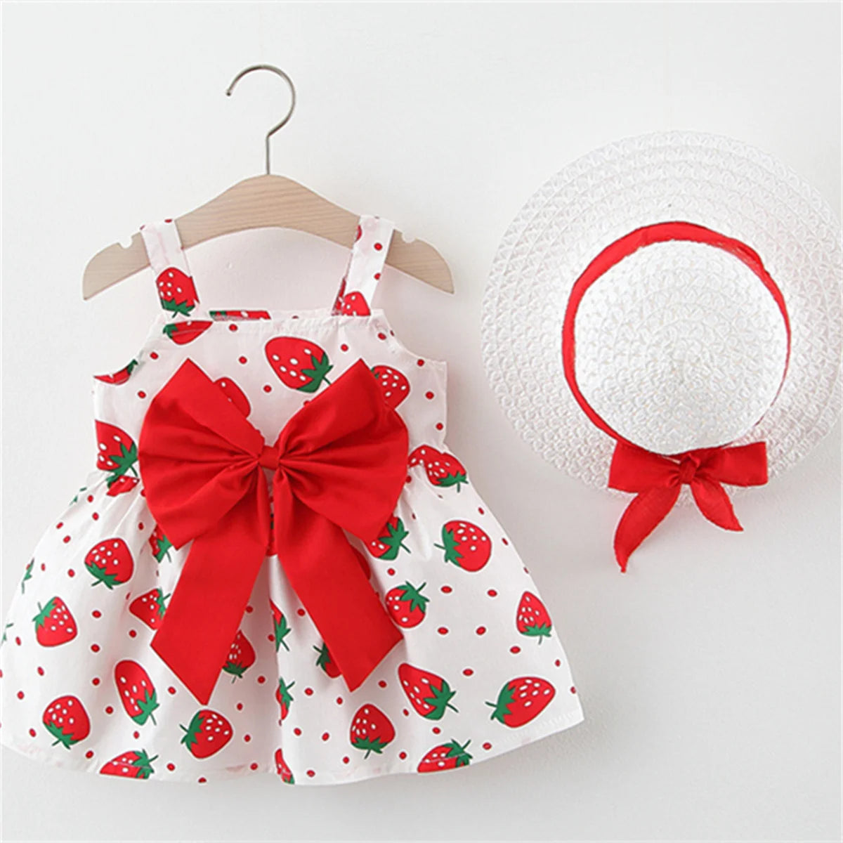 Strawberry Print Baby Girl Dress with Bow and Hat