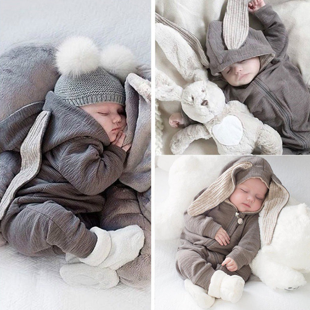 Rabbit Ears Hooded Baby Bodysuit with Zipper for Boys and Girls