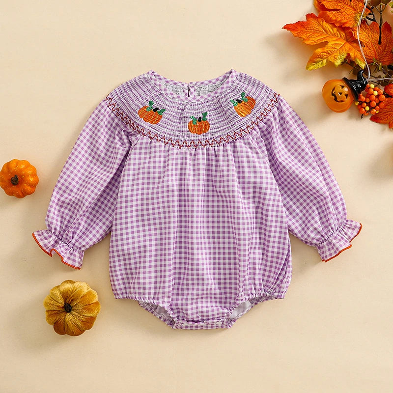 Baby Girl Christmas Plaid Bubble Romper with Embroidery