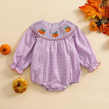 Baby Girl Christmas Plaid Bubble Romper with Embroidery