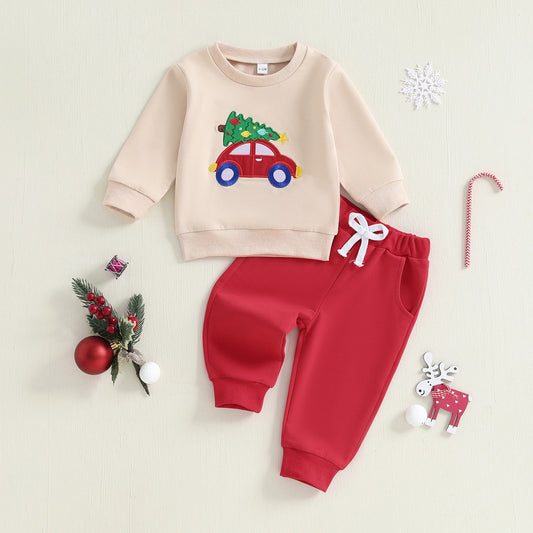 Toddler Boy Christmas Sweatshirt and Jogger Set with Tree Car