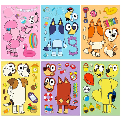 6/12/18 stk Bluey Anime tegneserie hundepuslespill-klistremerker Søte barn DIY-fargepuslespill Utdanningsklistremerker Morsomme leker for barn Gave